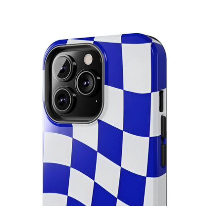 Phone Cases - Blue and White Wavy Check Design with Freedom in Orange - SmartHomeGoodies