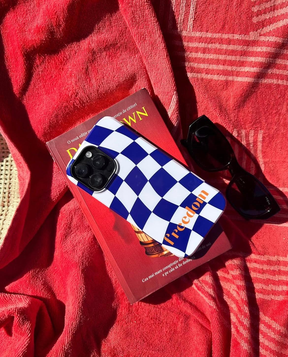 Phone Cases - Blue and White Wavy Check Design with Freedom in Orange - SmartHomeGoodies