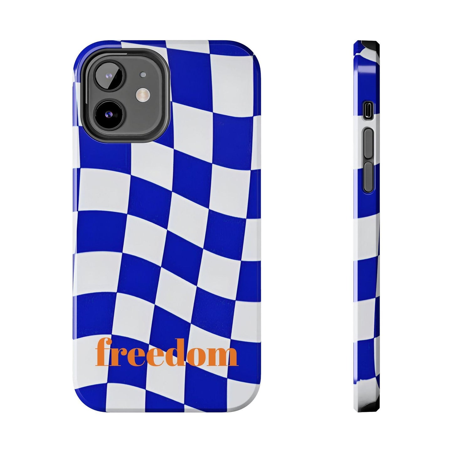 Phone Cases - Blue and White Wavy Check Design with Freedom in Orange - SmartHomeGoodies