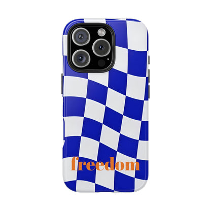 Phone Cases - Blue and White Wavy Check Design with Freedom in Orange - SmartHomeGoodies