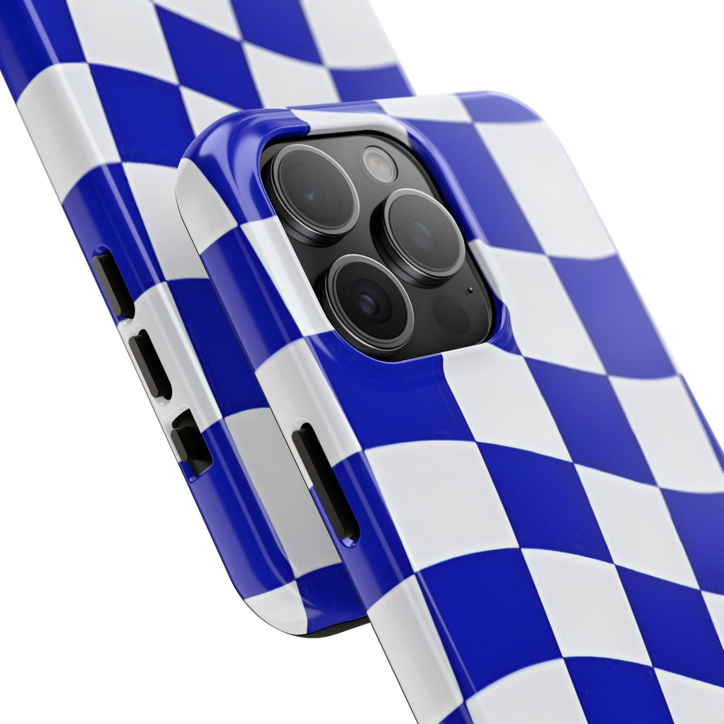 Phone Cases - Blue and White Wavy Check Design with Freedom in Orange - SmartHomeGoodies