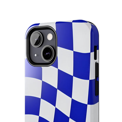 Phone Cases - Blue and White Wavy Check Design with Freedom in Orange - SmartHomeGoodies