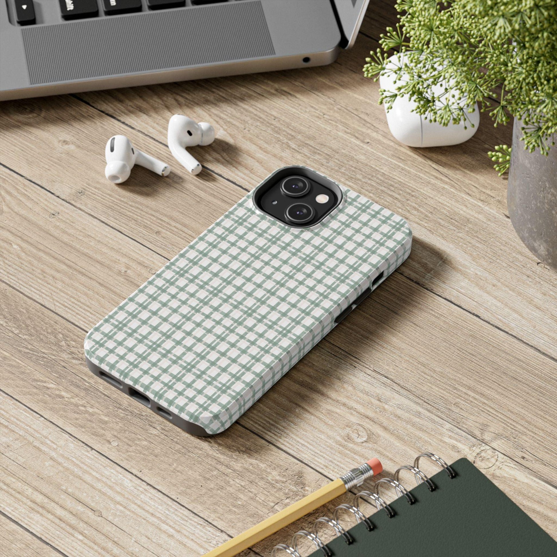 Vintage Sage Gingham Tough iPhone Cases - SmartHomeGoodies